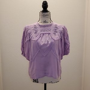 Anthropologie Lavender Ruffle Embroidered Top